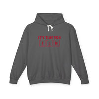 Gray eco-friendly hooded sweatshirt with fun red text print and white drawstrings from Printify