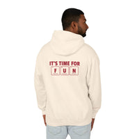 Printify eco-friendly hooded sweatshirt in cream with science-themed fun graphic on back