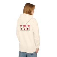 Printify eco-friendly hooded sweatshirt in cream with It’s Time For Fun graphic on back