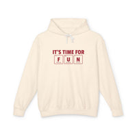 Printify eco-friendly hooded sweatshirt in cream with it's time for fun periodic table design