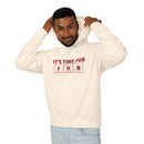 Printify eco-friendly hooded sweatshirt with It’s Time for Fun text worn by smiling man