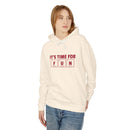 Printify eco-friendly hooded sweatshirt in cream with fun slogan worn by woman