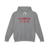 Printify eco-friendly hooded sweatshirt in gray with red fun graphic and white drawstring