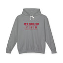 Printify eco-friendly hooded sweatshirt in gray with red fun graphic and white drawstring
