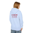 Printify eco-friendly hooded sweatshirt in light blue with playful back graphic saying It’s time for FUN