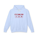 Light blue eco-friendly hooded sweatshirt with time for fun periodic table design