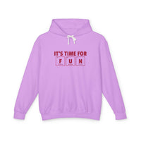 Lavender eco-friendly hooded sweatshirt from Printify with It’s Time For Fun chemical element design