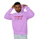 Man wearing a lavender eco-friendly hooded sweatshirt with fun chemistry design from Printify
