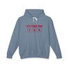 Printify eco-friendly hooded sweatshirt in blue with fun slogan graphic and white drawstrings