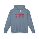 Printify eco-friendly hooded sweatshirt in blue with fun slogan graphic and white drawstrings