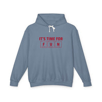 Printify eco-friendly hooded sweatshirt in blue with fun slogan graphic and white drawstrings