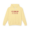 Printify yellow eco-friendly hooded sweatshirt with IT'S TIME FOR FUN periodic table design