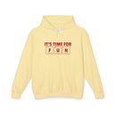Printify yellow eco-friendly hooded sweatshirt with IT'S TIME FOR FUN periodic table design