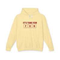 Printify yellow eco-friendly hooded sweatshirt with IT'S TIME FOR FUN periodic table design