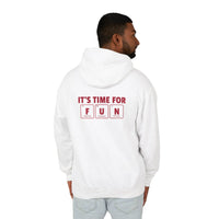 White eco-friendly hooded sweatshirt with fun periodic table design on back by Printify