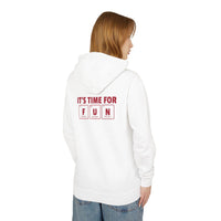 White eco-friendly hooded sweatshirt from Printify with It's Time for Fun graphic on back worn by model
