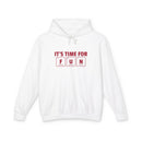 White Printify eco-friendly hooded sweatshirt with It’s Time For Fun graphic in red lettering