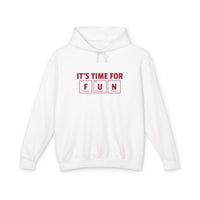 White Printify eco-friendly hooded sweatshirt with It’s Time For Fun graphic in red lettering