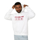 Printify white eco-friendly hooded sweatshirt with fun periodic table design worn by man