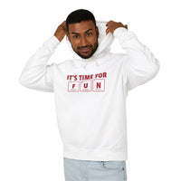 Printify white eco-friendly hooded sweatshirt with fun periodic table design worn by man