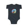 Printify eco-friendly infant bodysuit in black with cute turtle wearing American flag helmet graphic