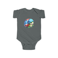 Printify eco-friendly infant bodysuit in gray with patriotic turtle graphic on front