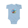 Printify eco-friendly infant bodysuit in light blue with cute turtle graphic wearing stars and stripes helmet