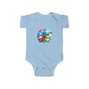 Printify eco-friendly infant bodysuit in light blue with cute turtle graphic wearing stars and stripes helmet