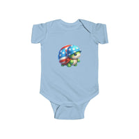 Printify eco-friendly infant bodysuit in light blue with cute turtle graphic wearing stars and stripes helmet