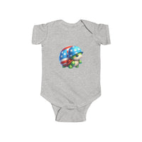 Printify gray eco-friendly infant bodysuit with cute turtle wearing American flag helmet design