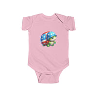 Pink eco-friendly infant bodysuit with cute turtle wearing American flag helmet graphic