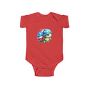 Red baby bodysuit with turtle wearing American flag helmet print eco-friendly infant bodysuit by Printify