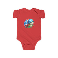 Red baby bodysuit with turtle wearing American flag helmet print eco-friendly infant bodysuit by Printify