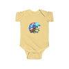 Yellow eco-friendly infant bodysuit by Printify with cute turtle wearing American flag helmet print