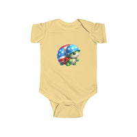 Yellow eco-friendly infant bodysuit by Printify with cute turtle wearing American flag helmet print