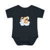 Black baby onesie with cute animal print featuring elephant giraffe and lion on cloud eco-friendly infant clothing