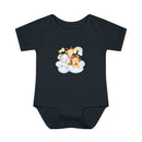 Black baby onesie with cute animal print featuring elephant giraffe and lion on cloud eco-friendly infant clothing
