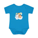 Blue baby onesie with cute animal print made of eco-friendly infant clothing by Printify