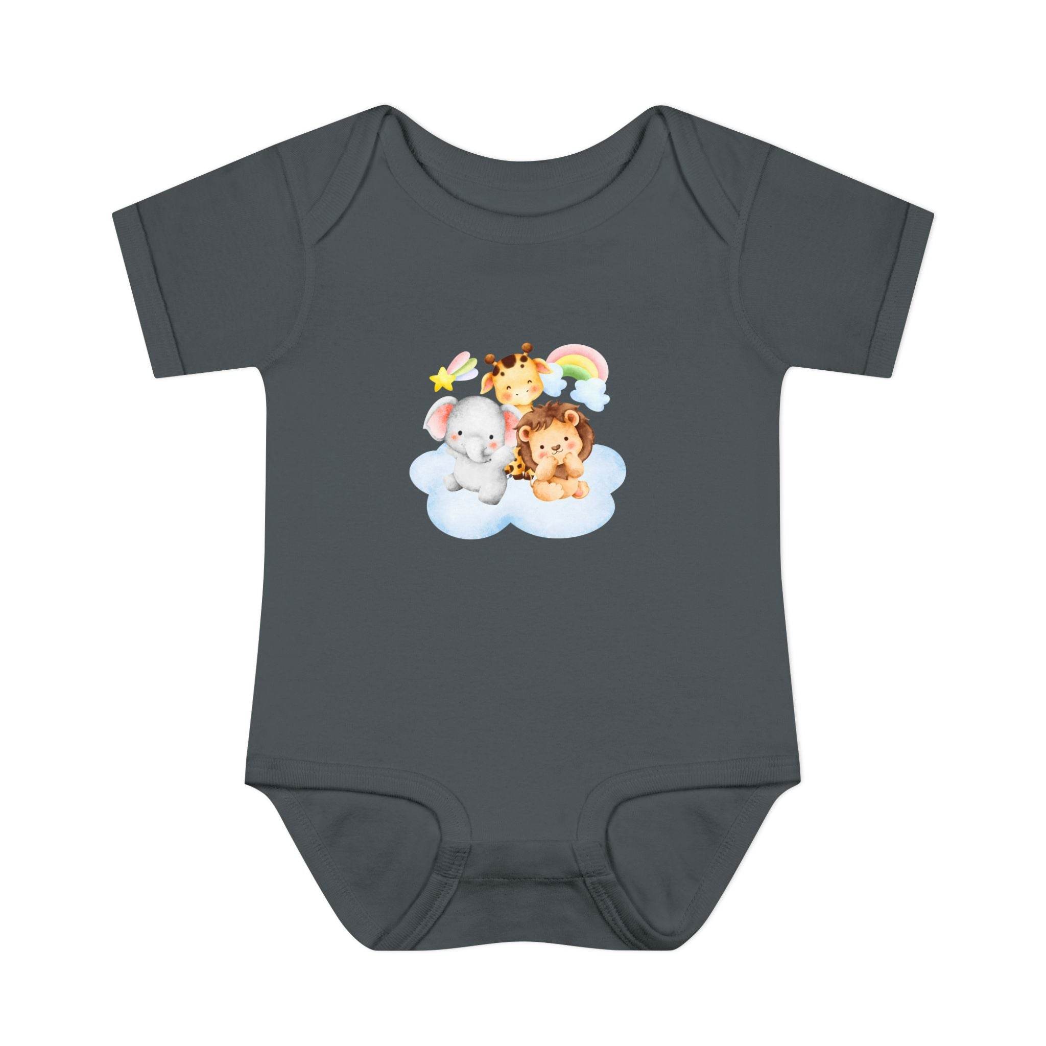 Printify gray baby onesie featuring cute elephant giraffe and lion design eco-friendly infant clothing
