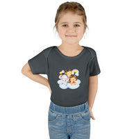 Child wearing Printify eco-friendly infant clothing with cute animal design on dark gray shirt