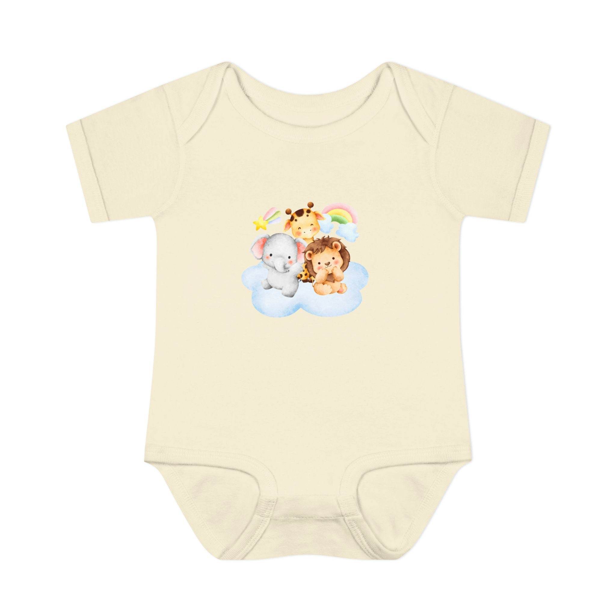 Printify beige baby onesie with cute animal cloud design made from eco-friendly infant clothing material