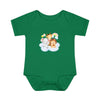 Green baby onesie with cute animal print featuring elephant giraffe and lion eco-friendly infant clothing