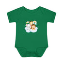 Green baby onesie with cute animal print featuring elephant giraffe and lion eco-friendly infant clothing
