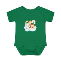 Green baby onesie with cute animal print featuring elephant giraffe and lion eco-friendly infant clothing