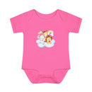 Pink baby onesie with cute animal cloud design made from eco-friendly infant clothing by Printify