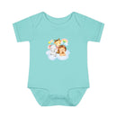 Printify eco-friendly infant clothing blue onesie with cute cartoon animals on clouds