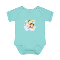 Printify eco-friendly infant clothing blue onesie with cute cartoon animals on clouds