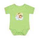Printify green baby onesie with cute animal print featuring elephant giraffe and lion eco-friendly infant clothing