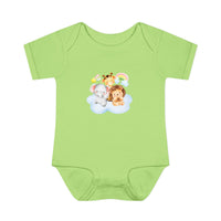 Printify green baby onesie with cute animal print featuring elephant giraffe and lion eco-friendly infant clothing