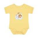 Printify yellow baby onesie with cute animal design made from eco-friendly infant clothing material